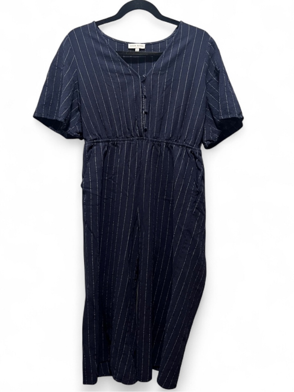 Moon River Linen/Viscose Navy Pinstripe Button-Front Jumpsuit Size Large